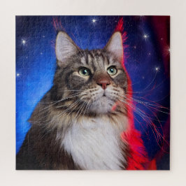 Maine-Coon-Katze mit rot-weißer Aura und Sternen