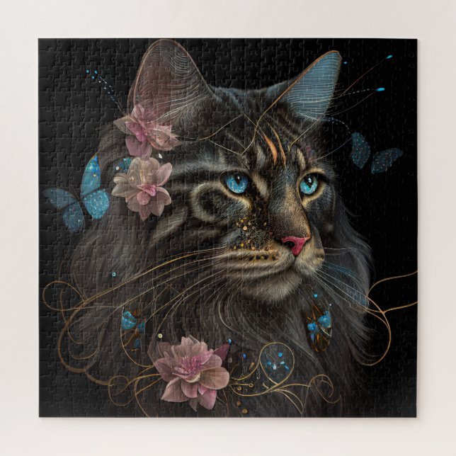 Maine Coon-Katze mit Schmetterling und Blume KI Ar (Vertikal)