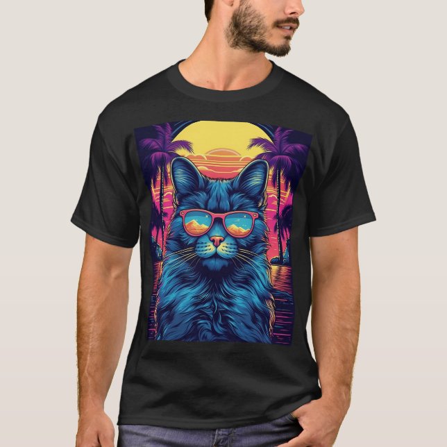 Maine Coon Katze mit Sonnenbrille an einem tropisc T-Shirt (Vorderseite)