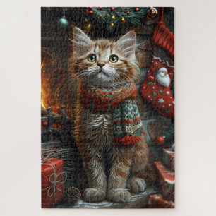 Maine Coon Katze mit Weihnachtsgeschenken Kamin