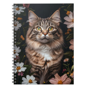 Maine Coon Katze umgeben von Blumen Notizblock
