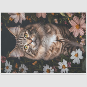 Maine Coon Katze umgeben von Découpage-Blumen Seidenpapier