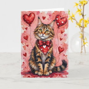 Maine Coon Katze Valentinstag Sitzend mit Herzen R Karte