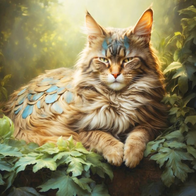 Maine Coon mit Feathers im Wald (Close- up of artwork)