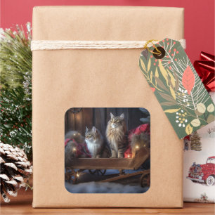 Maine Coon Schneeschlitten Weihnachtsdekoration Quadratischer Aufkleber