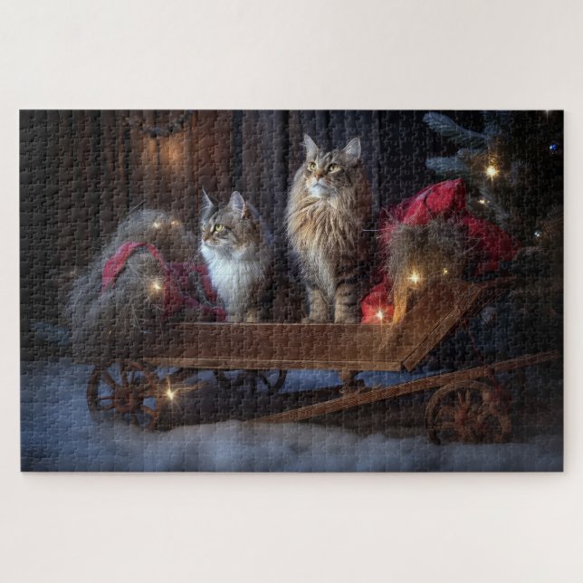 Maine Coon Snowy Sleigh Weihnachtsdekor (Horizontal)