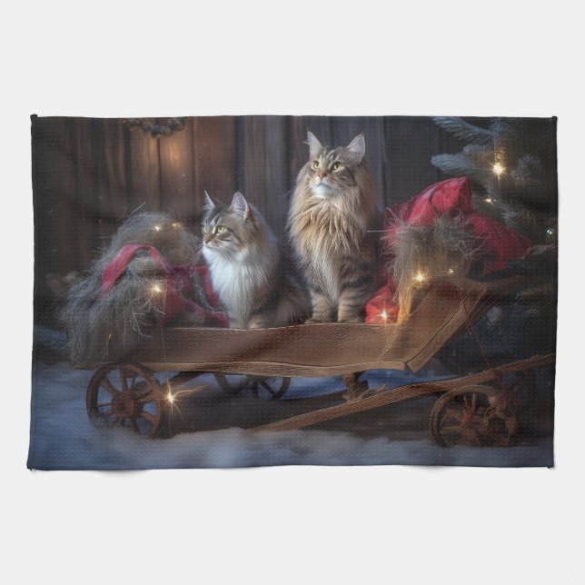 Maine Coon Snowy Sleigh Weihnachtsdekor Geschirrtuch (Horizontal)