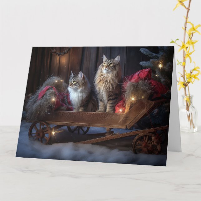 Maine Coon Snowy Sleigh Weihnachtsdekor Karte (Gelbe Blume)