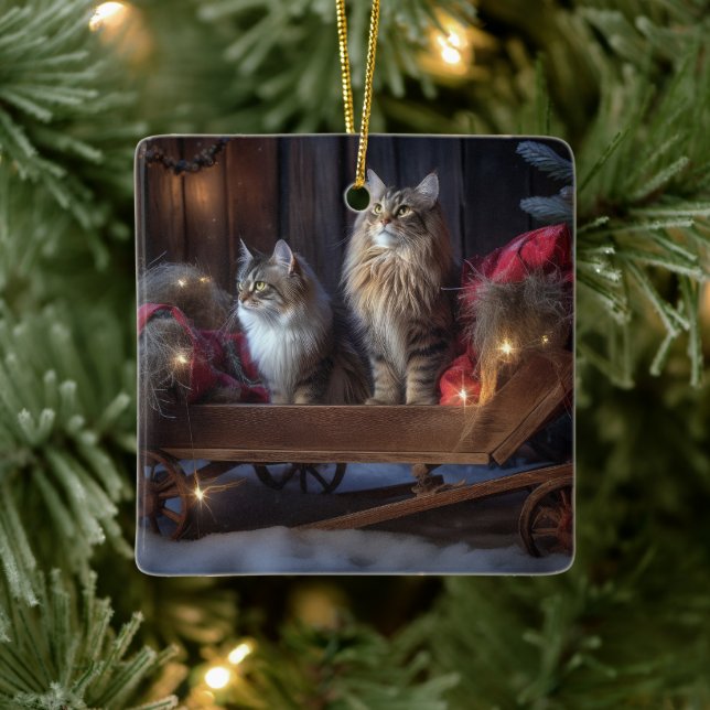Maine Coon Snowy Sleigh Weihnachtsdekor Keramikornament (Baum)