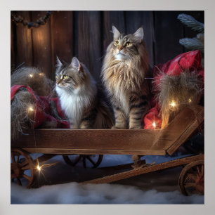 Maine Coon Snowy Sleigh Weihnachtsdekor Poster