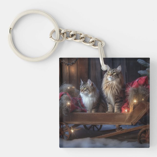 Maine Coon Snowy Sleigh Weihnachtsdekor Schlüsselanhänger (Vorderseite)