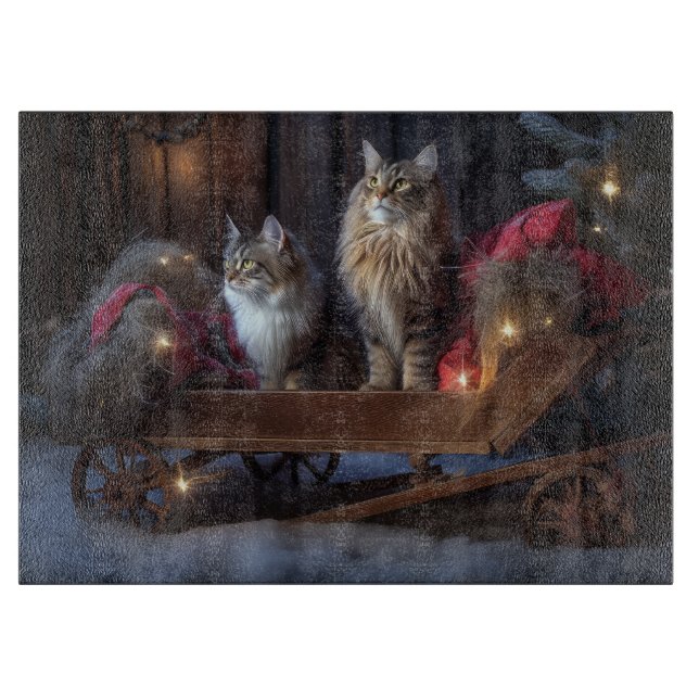Maine Coon Snowy Sleigh Weihnachtsdekor Schneidebrett (Vorderseite)
