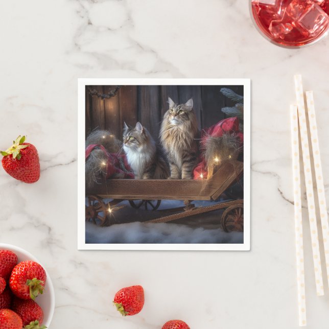 Maine Coon Snowy Sleigh Weihnachtsdekor Serviette (Beispiel)
