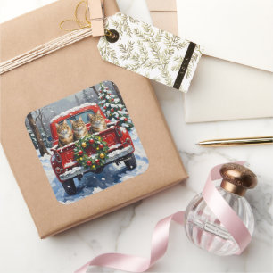 Maine Coon Weihnachten Rotes Lastwagen Ferien Quadratischer Aufkleber