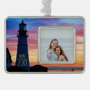 Maine Lighthouse Foto Rahmen-Ornament Silber