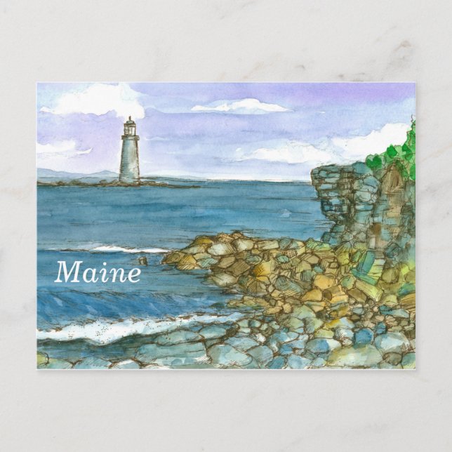 Maine Lighthouse Rocks Calm Ocean Postkarte (Vorderseite)