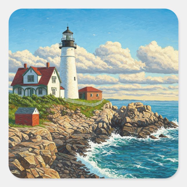 Maine Lighthouse Travel Quadratischer Aufkleber (Vorderseite)