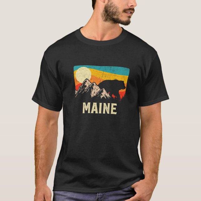 Maine Nature Wilder Bär Retro Sunset Wandern T-Shirt (Vorderseite)