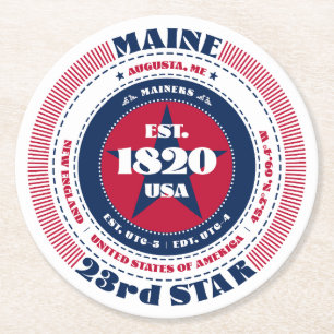 Maine Red White Blue Typografie Runder Pappuntersetzer