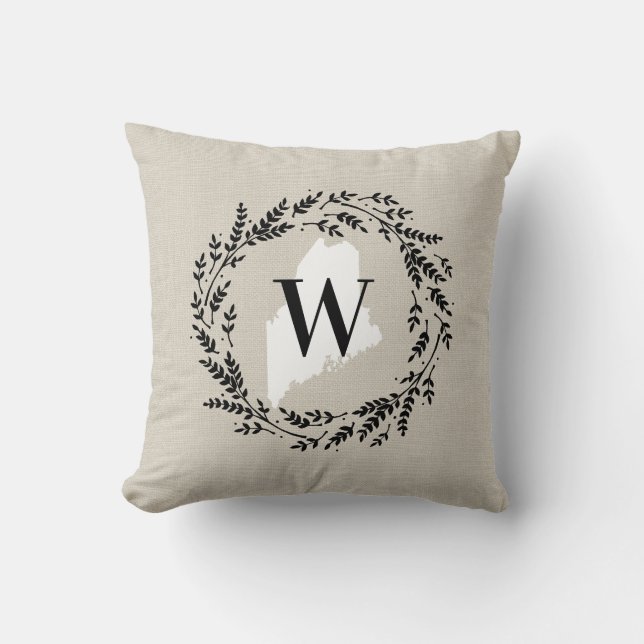 Maine Rustic Wreath Monogram Throw Pillow Kissen (Vorderseite)