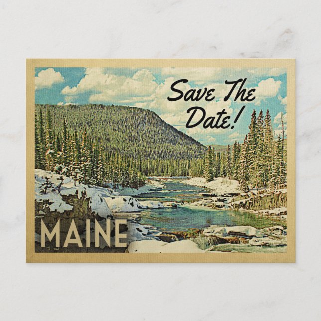 Maine Save the Date Mountains River Snow Ankündigungspostkarte (Vorderseite)