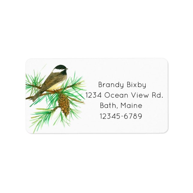 Maine Staat Bird Chickadee Pine Cone Adresse Adressaufkleber (Vorne)