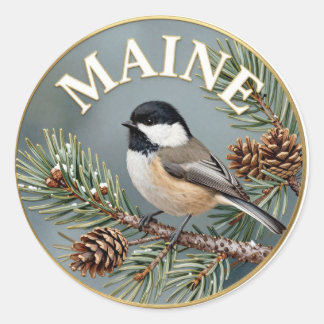 Maine Staatsvogel Chickadee & White Pine Botanical Runder Aufkleber