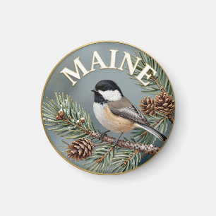 Maine State Bird Chickadee & White Pine Botanical Magnet