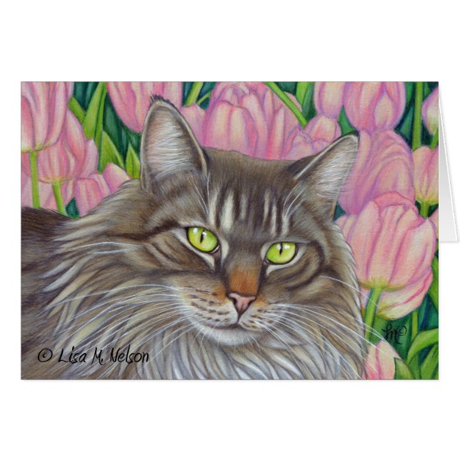 Maine-Waschbär-Katze und rosa Tulpen (Vorderseite (Horizontal))