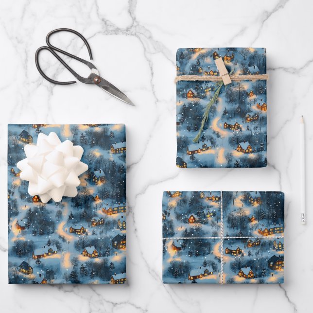 Maine Weihnachtsdorf in Schnee getaucht Geschenkpapier Set (Vorderseite)