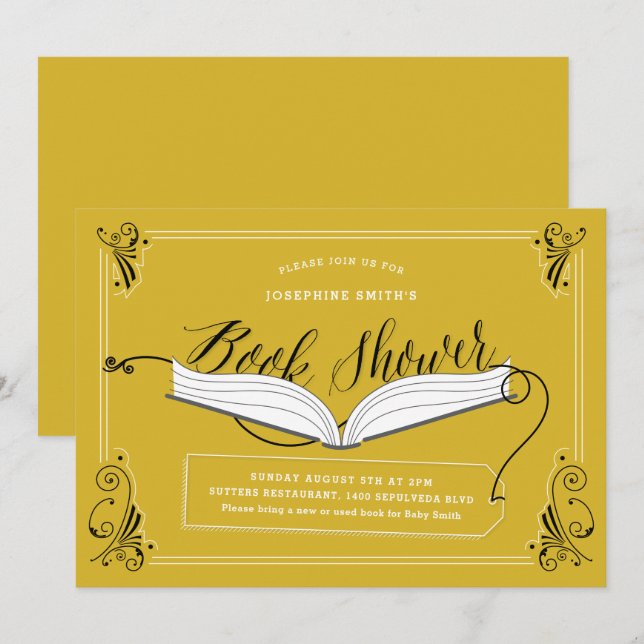 Mairy Tale Yellow Gold Baby Dusche Buchdusche Einladung (Vorne/Hinten)