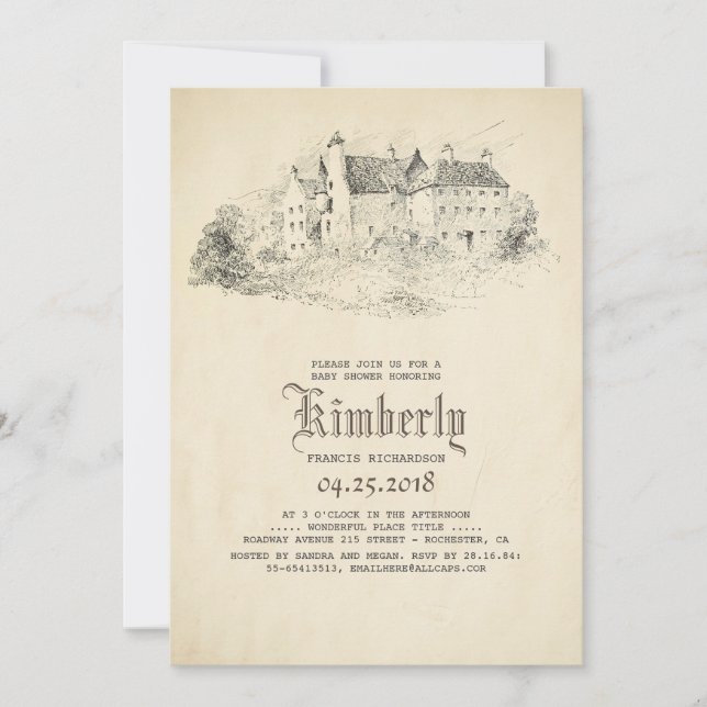 Mairytale Alte Burg Vintage Babydusche Einladung (Vorderseite)