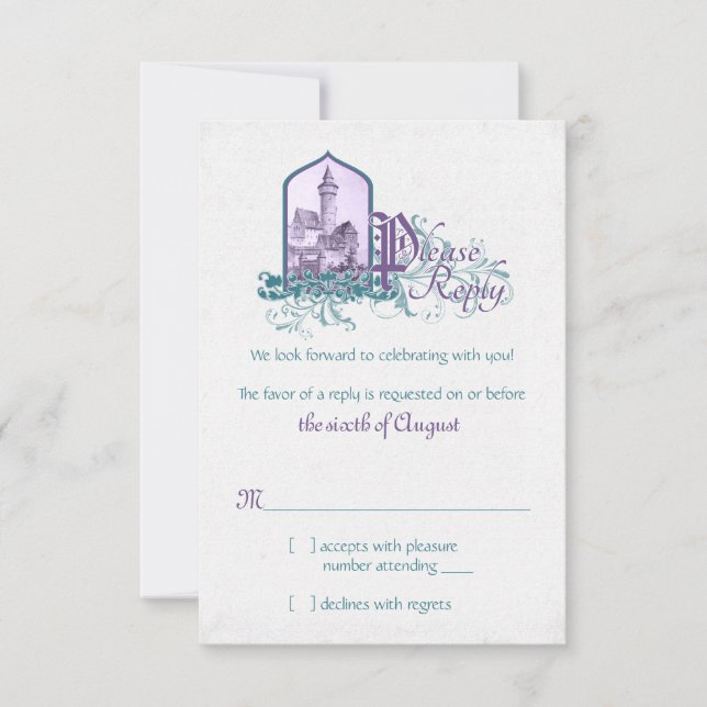 Mairytale Lila Aquamarines Schloss Hochzeit RSVP (Vorderseite)