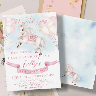 Mairytale Pony Stars Pink Balloons Geburtstagspart Einladung