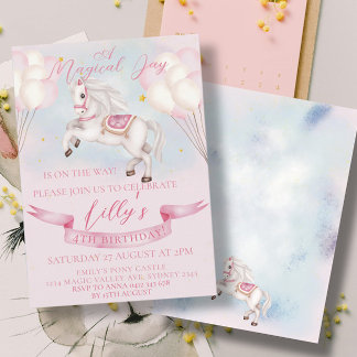 Mairytale Pony Stars Pink Balloons Geburtstagspart Einladung