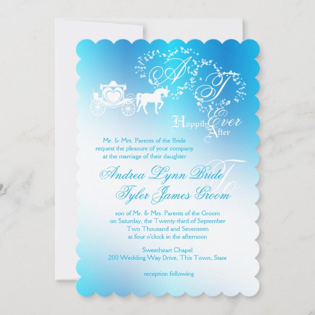 Mairytale Wedding Carriage Peacock Blue Einladung (Vorderseite)