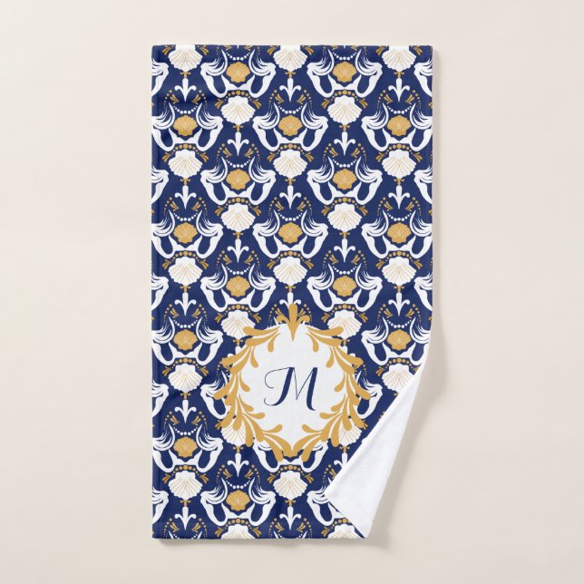 Maïs et coquillages Motif de Damas Monogramme (Serviette à main)