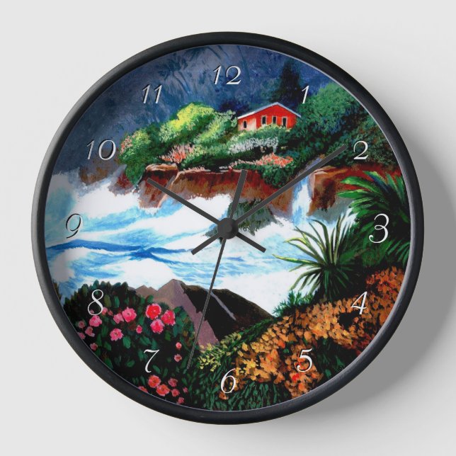 Maison de l'île avec Surf écrasant Horloge ronde (Recto)