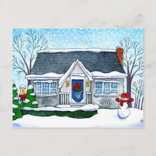 Maison de Noël mignonne, bonhomme de neige, carte 