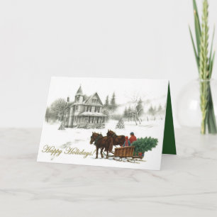 Maison d'hiver et Chevaux Cartes de Noël personnal