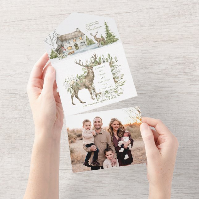 Maison d'hiver neige avec cerf | Carte de Noël pho (Déchirure)
