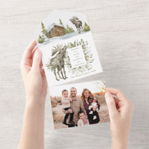 Maison d'hiver neige avec orignal   Carte de Noël 