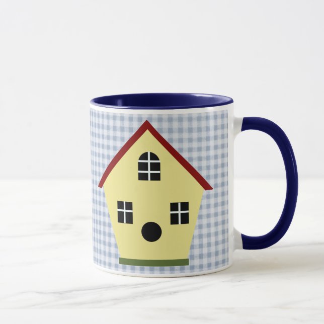 Maison d'oiseau jaune Bleu Plaid Café Mug (Droite)