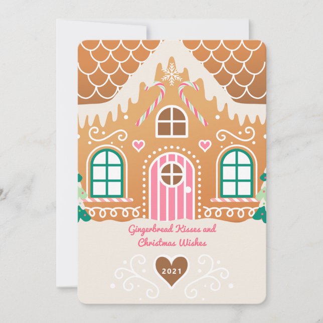 Maison en pain d'épice rose Carte de Noël (Devant)