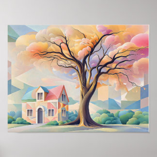 Maison et arbre dans les pastels Art Déco
