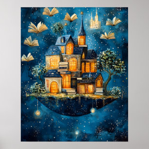 Maison Flottante de Livres Affiche d'Art Fantastiq