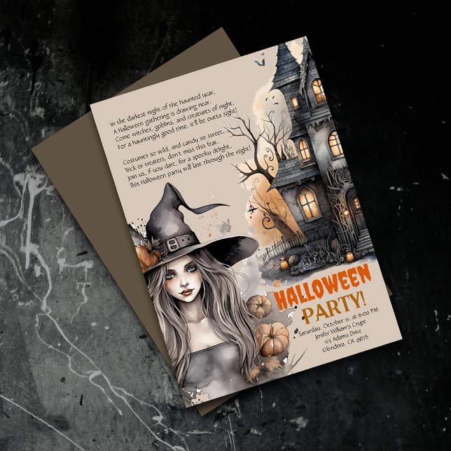 Maison hantée | Witch Halloween Poem Invitation (Elevate your upcoming event with uniquely designed Halloween invitations featuring a spooky poem!)