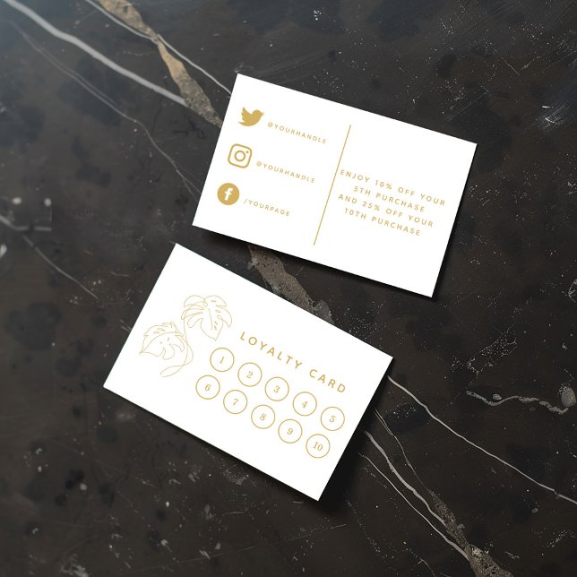 Maison plante, carte de fidélité or moderne. (Modern white and gold loyalty card with monstera leaf icons and social media details)