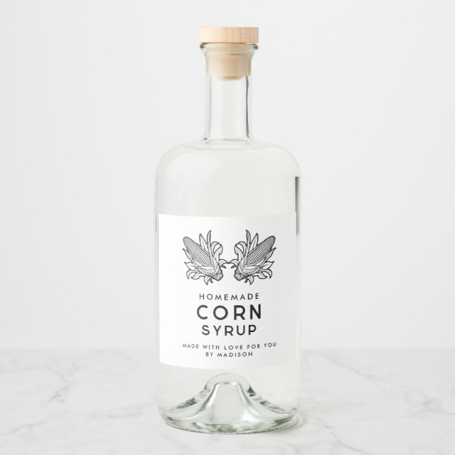 Maissirup, schwarz-weiß, mit zwei Buchsen Alkoholflaschenetikett (Vorderseite)