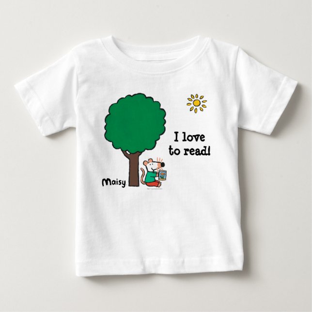Maisy liest ihr Bibliotheksbuch im Freien Baby T-shirt (Vorderseite)